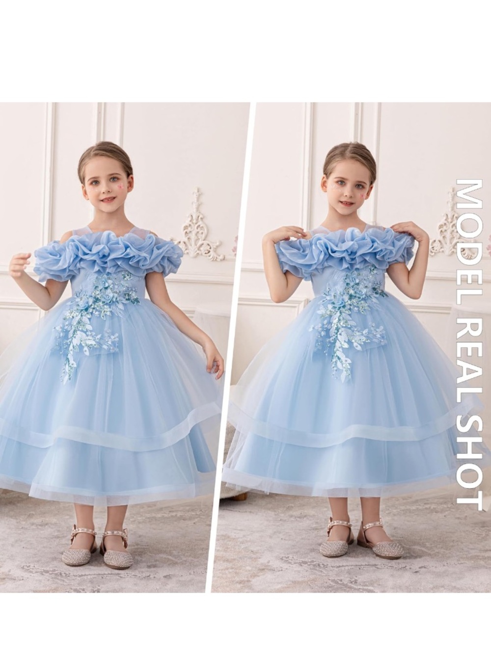 Light Blue Ruffled Tulle Flower Girl Dress - Picture 3 of 7